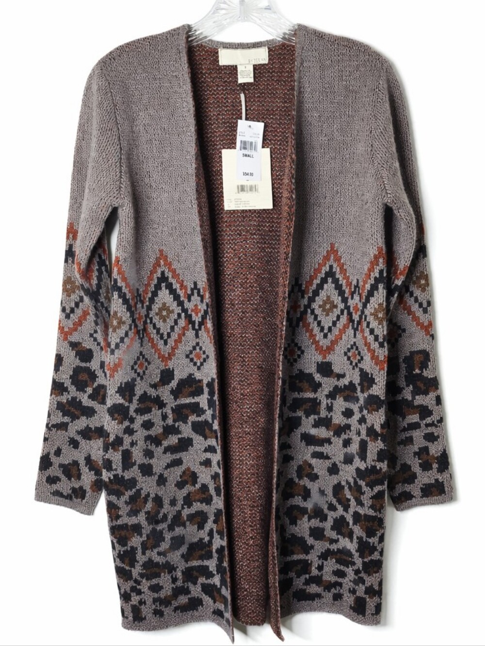 By Design Small Long Cardigan Sweater Leopard Aztec Boho Open Front Pockets NWT - Picture 2 of 11